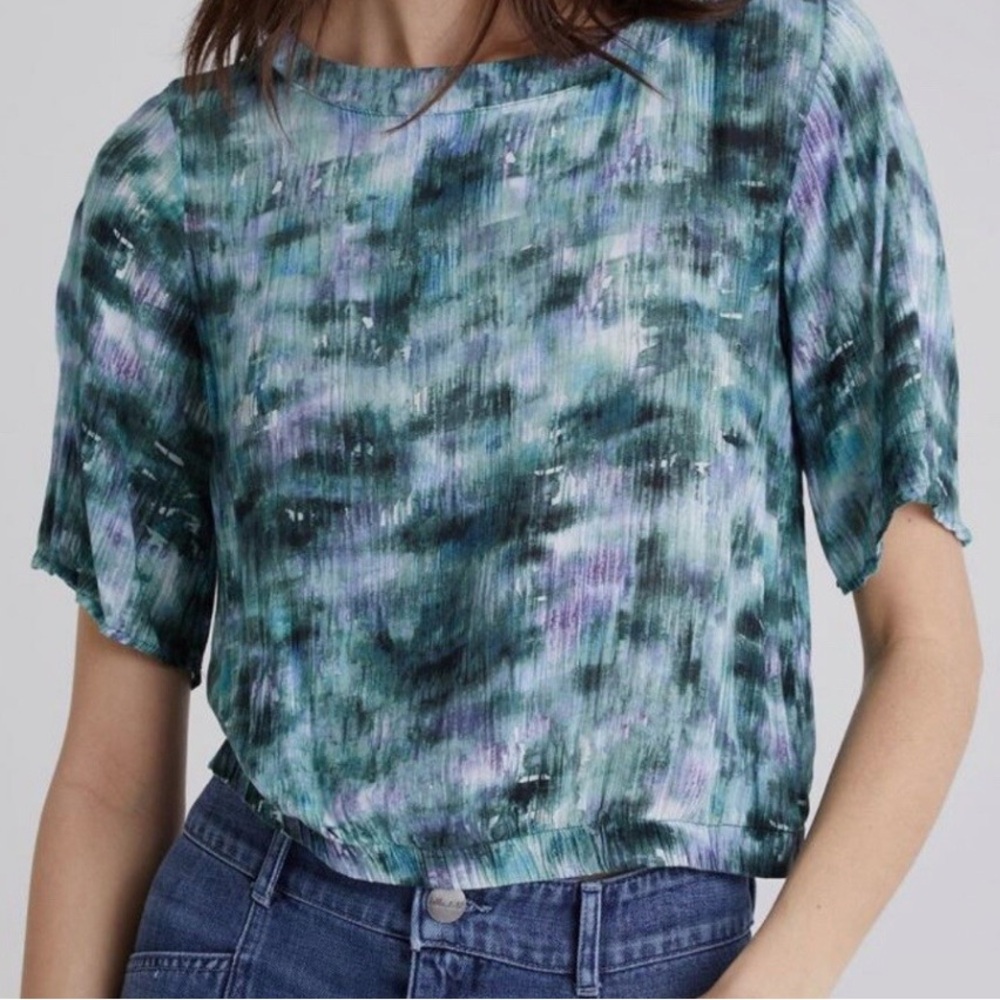 cloth & stone Teal, Green and Black Short Sleeve Cropped Tie-Dye Top